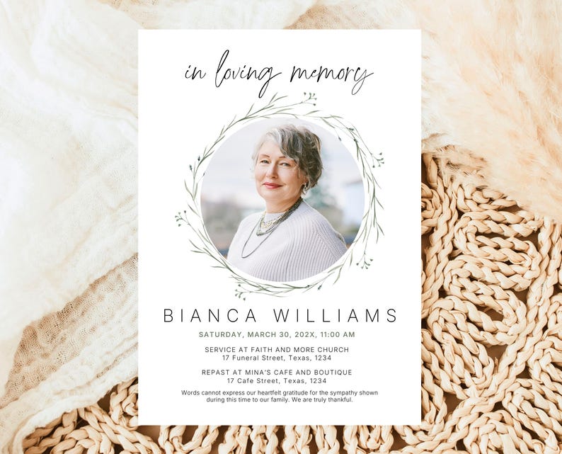 Greenery Memorial Invitation Minimalist Elegant Funeral Service Invite ...