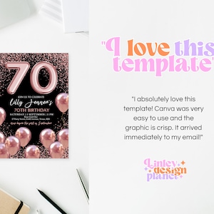 May include: A black and rose gold 70th birthday invitation with a large rose gold number 70 and confetti. The text reads "Join us to celebrate Lilly Jenner's 70th Birthday, Saturday, September 1, 2 PM, Party Seven, Gold Bar, 17 Perry Street, Austin, Texas 78711, RSVP before the 1st of September."