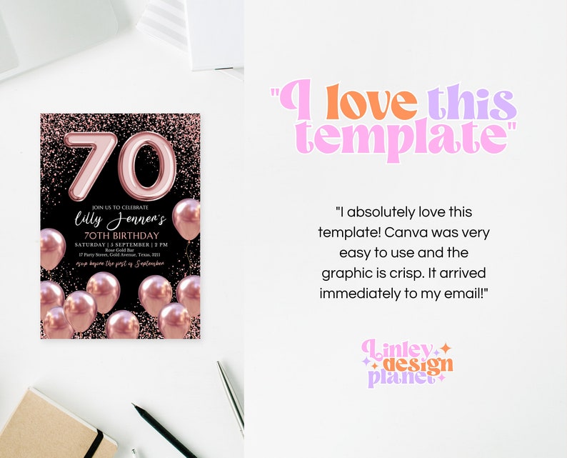 May include: A black and rose gold 70th birthday invitation with a large rose gold number 70 and confetti. The text reads "Join us to celebrate Lilly Jenner's 70th Birthday, Saturday, September 1, 2 PM, Party Seven, Gold Bar, 17 Perry Street, Austin, Texas 78711, RSVP before the 1st of September."