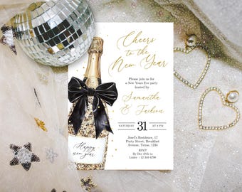 New Years Party Invitation Minimal Modern Champagne Bottle Popping Celebration Invite Editable Printable Digital Download