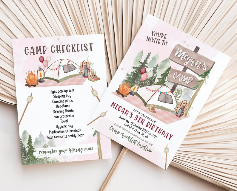 Editable Girl Camping Invitation Camp Out Birthday Invite Girl Camping Tent Invite Girl Camp Checklist Camping birthday