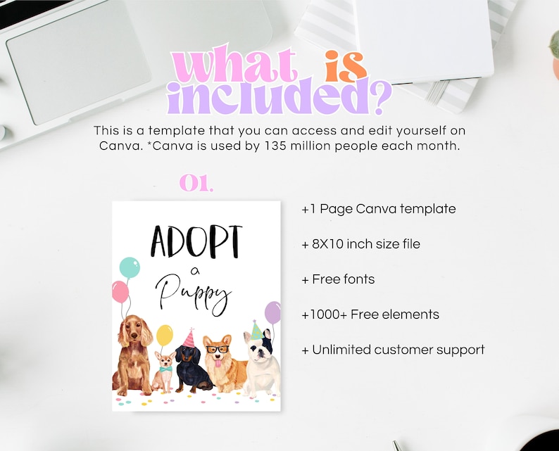 May include: A Canva template for a printable sign that says "Adopt a Puppy". The sign features a colorful illustration of five puppies wearing party hats. The text "01." is in the upper right corner of the image. The text "What is included?" is in the upper left corner of the image. The text below the image lists the items included in the template: 1 Page Canva template, 8x10 inch size file, Free fonts, 1000+ Free elements, Unlimited customer support.