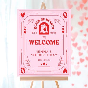Bewerkbaar welkomstbord verjaardagskoningin, verjaardagsbord Valentijnsdag, roze rode welkomstposter verjaardag, download, koninginkaart, VDC03