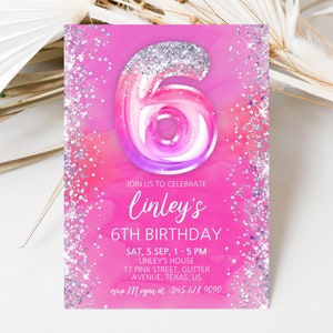 Editable Pink 6th Birthday Invitation Template, Glitter Birthday Invite, Foil Balloon Invitation For A Girl, 6th Birthday, Instant Download