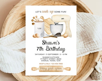 May include: A white invitation card with a watercolor illustration of kitchen tools, including a stand mixer, rolling pin, and a bowl of flour. The text on the card reads "Let's cook up some fun! Shawn's 7th Birthday. Saturday | 5 September | 3 - 6 PM. Shawn's Kitchen. 17 Party Street, Bake Avenue, Texas, 1234. RSVP to Mom +123-456-7890. Bring your apron."