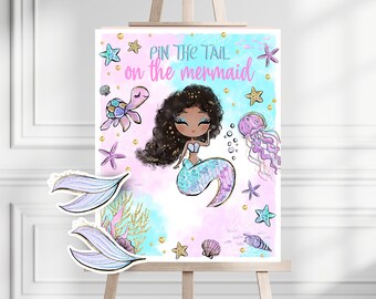 Pin The Tail On The Mermaid Game Sign, Mermaid Pin The Tail Game, Mermaid Party Game, Glitter Mermaid Party, Mermaid Birthday Activity