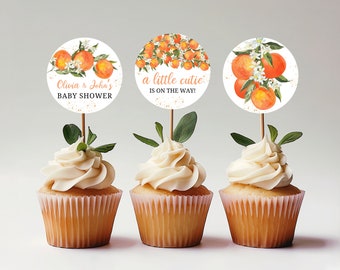 Editable Little Cutie Citrus Baby Shower Cupcake Toppers, Orange Baby Shower, Gender Neutral Orange Citrus Baby Shower Decorations