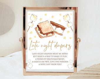 Late Night Diaper Sign S'more to Love Baby Shower, S'mores Baby Shower Diaper Thoughts Sign, Diaper Games, S'mores Party Decor, FPBS05