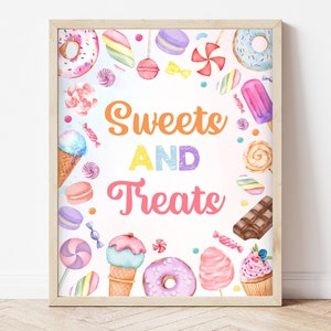 Puede incluir: Un cartel imprimible con el texto "Sweets and Treats" rodeado de coloridas ilustraciones de acuarela de caramelos, donas, helados y otros dulces.