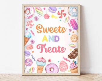 Könnte beinhalten: Ein druckbares Schild mit dem Text "Sweets and Treats", umgeben von bunten Aquarell-Illustrationen von Süßigkeiten, Donuts, Eiscreme und anderen Süßwaren.