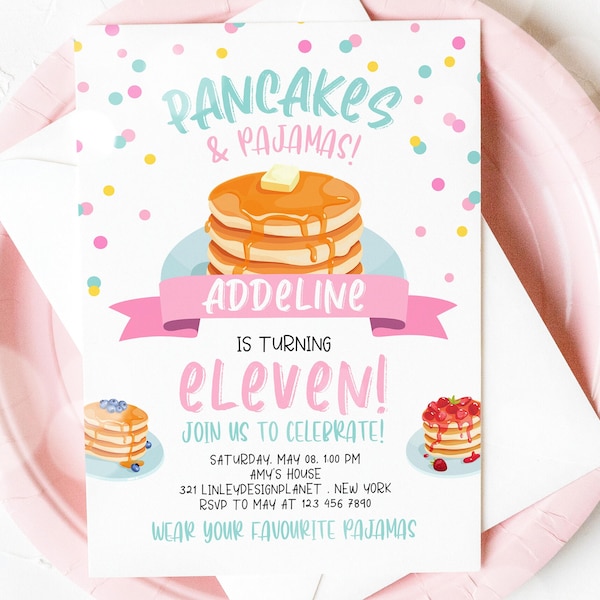 Editable Pancake and Pyjamas Birthday Invitation,  Pyjamas Birthday Party, Printable Slumber Party Birthday Invite