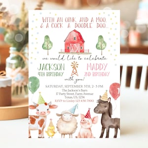 Bearbeitbare Farm-Geburtstags-Einladungsvorlage, Geschwister-Farm Barnyard-Geburtstag einladen, Bruder und Schwester-Farm-Geburtstag einladen, BEP01