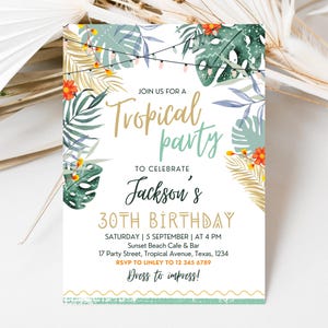 Invitation d'anniversaire tropicale modifiable, invitation d'anniversaire pour adulte, invitation de feuilles de palmier, invitation tropicale de La Havane, Hawaï, téléchargement, TBC01
