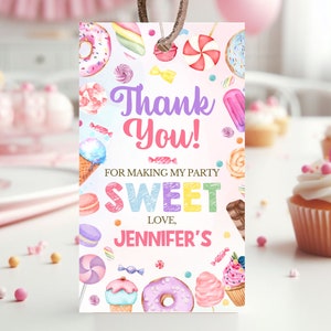 Modelo de etiquetas de agradecimento de doces editáveis, decoração de aniversário de doces, etiquetas de aniversário de comemoração de doces, etiquetas de festa de doces, GSBP01