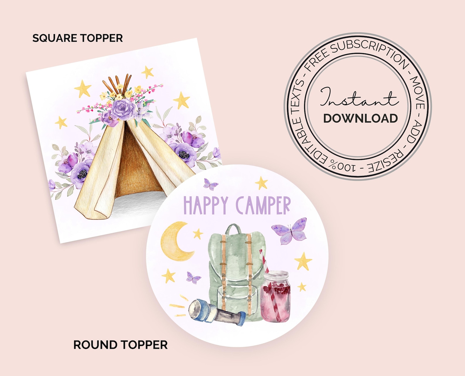 Editable Camp Party Cupcake Toppers, Camp Out Birthday Party Toppers ...