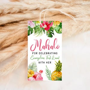 Editable Hawaiian Mahalo Birthday Favor Tag, Tropical Hawaiian Pool Party Tag, Printable Hawaiian Pineapple Thank You Tag