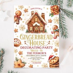 May include: A gingerbread house decorating party invitation with a watercolor illustration of a gingerbread house, gingerbread people, and cookies. The invitation includes the text "Join us for a Gingerbread House Decorating Party Hosted by The Fermor's December 25th, 3:00PM Fermor's Residence 17 Party Street, Snow Avenue NY, US, 1234 RSVP to Linley +12 345 6789".