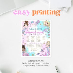 May include: A printable mermaid-themed game for a party. The game asks "What's your mermaid name?" and instructs players to take the first letter of their name and match it to a list of mermaid names. The game also includes a list of months and corresponding mermaid names.
