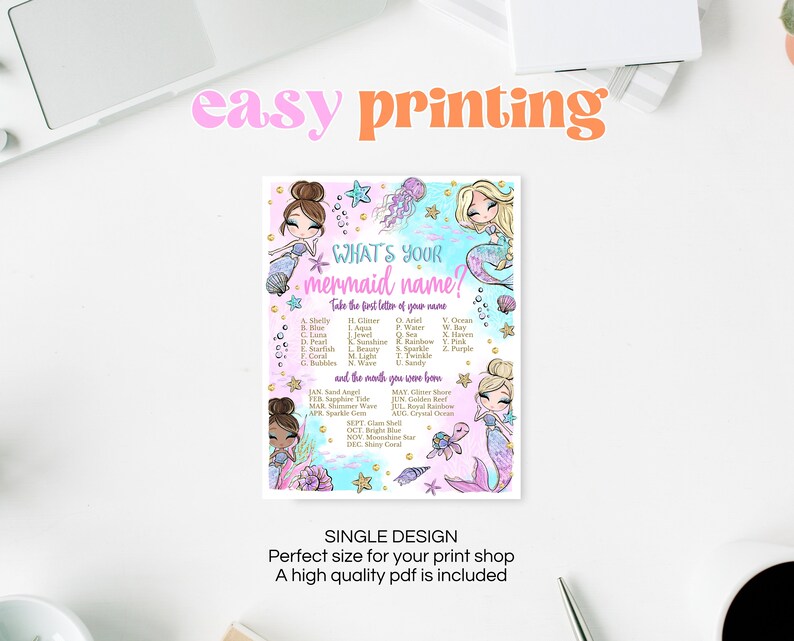 May include: A printable mermaid-themed game for a party. The game asks "What's your mermaid name?" and instructs players to take the first letter of their name and match it to a list of mermaid names. The game also includes a list of months and corresponding mermaid names.