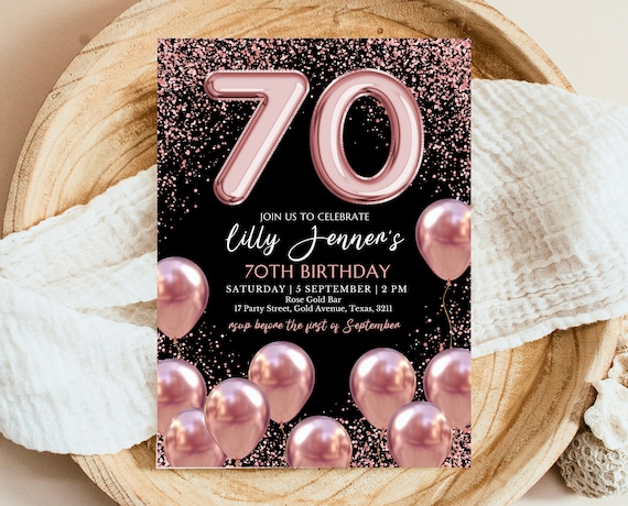 Editable 70th Birthday Invitation, Mobile 70th Birthday Invite, Rose Gold 70th Birthday Decor, 70th Balloon Invite, Instant Download
