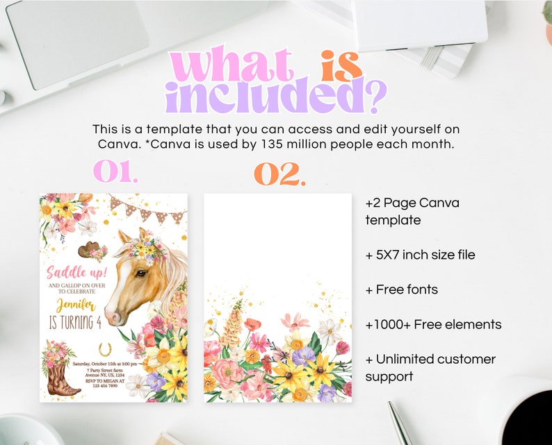 Editable Floral Horse Birthday Invitation Template, Girl Saddle Up Invite, Cowgirl Party Horse Invite, Pink Floral Farm Birthday Invitation image 5