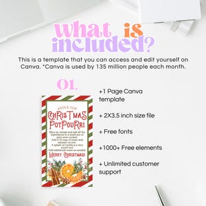 May include: A printable Christmas potpourri recipe card with a red and green striped background. The card features a green and brown illustration of oranges, cinnamon sticks, and cloves. The text on the card reads "Stove Top Christmas Potpourri".