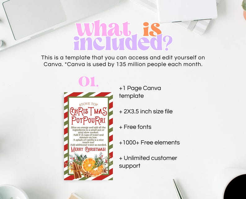 May include: A printable Christmas potpourri recipe card with a red and green striped background. The card features a green and brown illustration of oranges, cinnamon sticks, and cloves. The text on the card reads "Stove Top Christmas Potpourri".