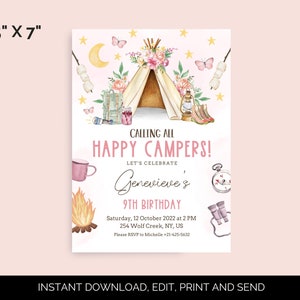 May include: A pink and white printable invitation for a 9th birthday party with a camping theme. The invitation features a watercolor illustration of a teepee tent, a campfire, a compass, binoculars, and a mug. The text on the invitation reads "Calling all Happy Campers! Let's Celebrate Genevieve's 9th Birthday. Saturday, 12 October 2022 at 2 PM. 254 Wolf Creek, NY, US. Please RSVP to Michelle +21-425-5632."