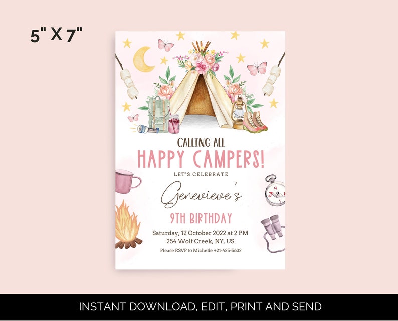 May include: A pink and white printable invitation for a 9th birthday party with a camping theme. The invitation features a watercolor illustration of a teepee tent, a campfire, a compass, binoculars, and a mug. The text on the invitation reads "Calling all Happy Campers! Let's Celebrate Genevieve's 9th Birthday. Saturday, 12 October 2022 at 2 PM. 254 Wolf Creek, NY, US. Please RSVP to Michelle +21-425-5632."