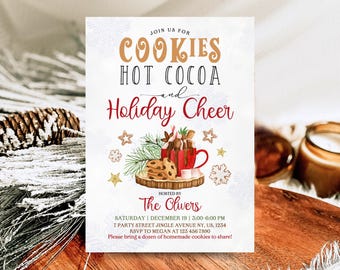 編集可能なクッキーとホットココアのパーティー招待状、クッキーとココアのクリスマス招待状、ホットチョコレートのホリデーパーティー、即時ダウンロード