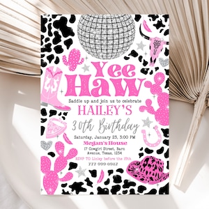 Editable Disco Cowgirl 30th Birthday Invitation, Pink Disco Cowgirl Invitation, Rodeo 30th Birthday Invitation, Pink Rodeo Invitation DCBP01