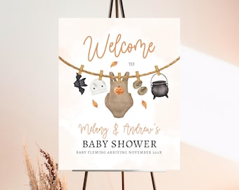 Editable Boho Halloween Baby Shower Welcome Sign A Little Boo Is Almost Due Neutral Pumpkin Ghost Cauldron Poster Digital Download HB04
