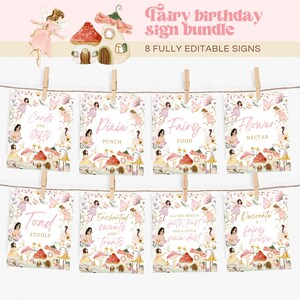 Editable Fairy Birthday Sign Bundle, Whimsical Magical Floral Fairy Princess Party Decor, Drink Sign, Food Sign, Instant Download, KBP02