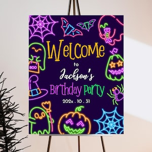 Editable Neon Halloween Welcome Sign, Neon Halloween Welcome Poster, Printable Neon Halloween Birthday Decor, Neon Halloween Sign, PHBP07
