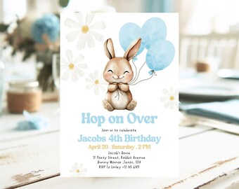 Blue Bunny Birthday Invitation: Spring Party, Boy Invite (5x7 inch, Canva Template)