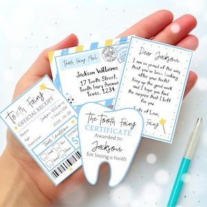 Conjunto de mini cartas editáveis da Fada do Dente, mini carta de chegada da Fada do Dente, carta azul da Fada do Dente, recibo da Fada do Dente, download instantâneo