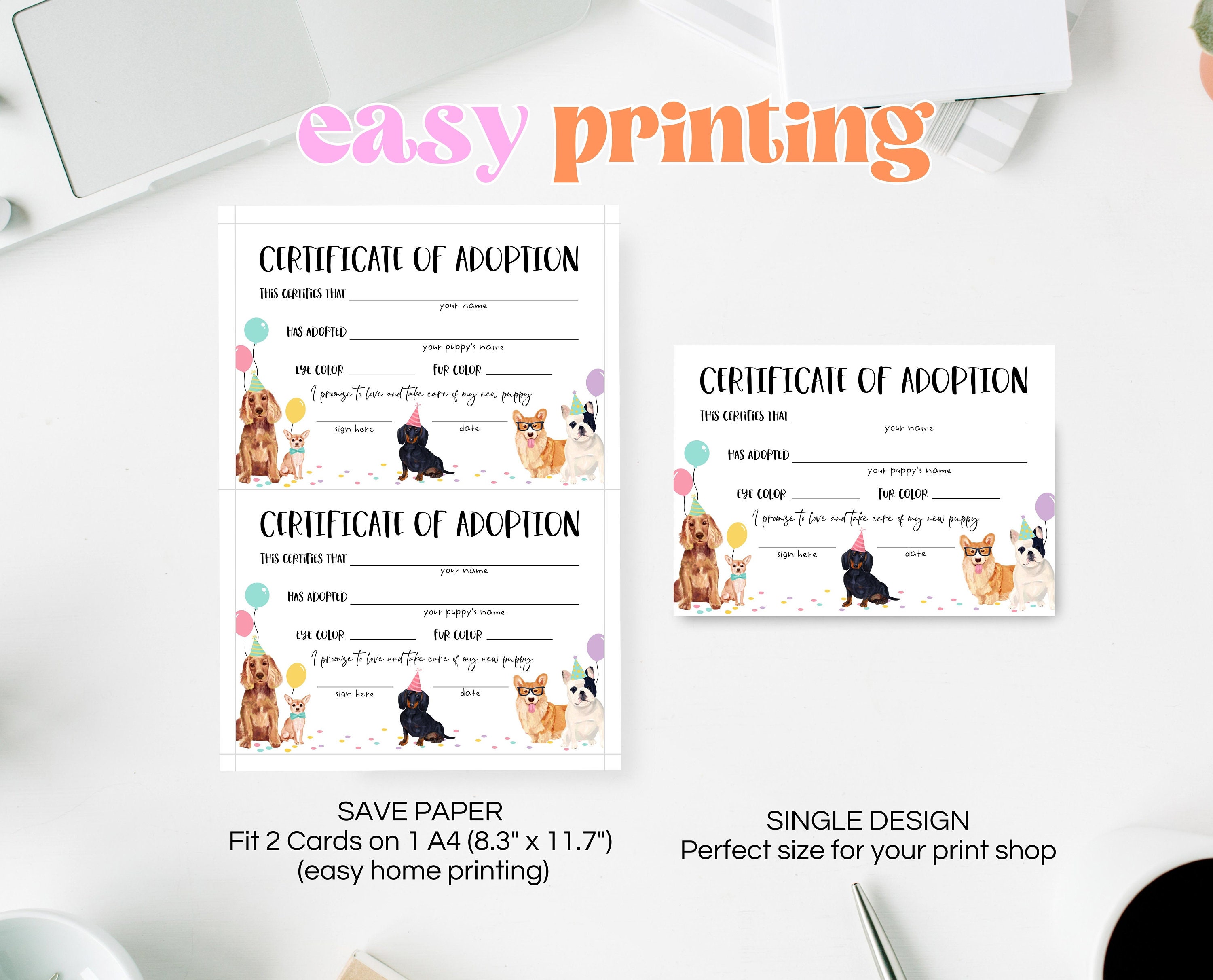 Editable Pet Adoption Certificate: Puppy Birthday Party Decor ...