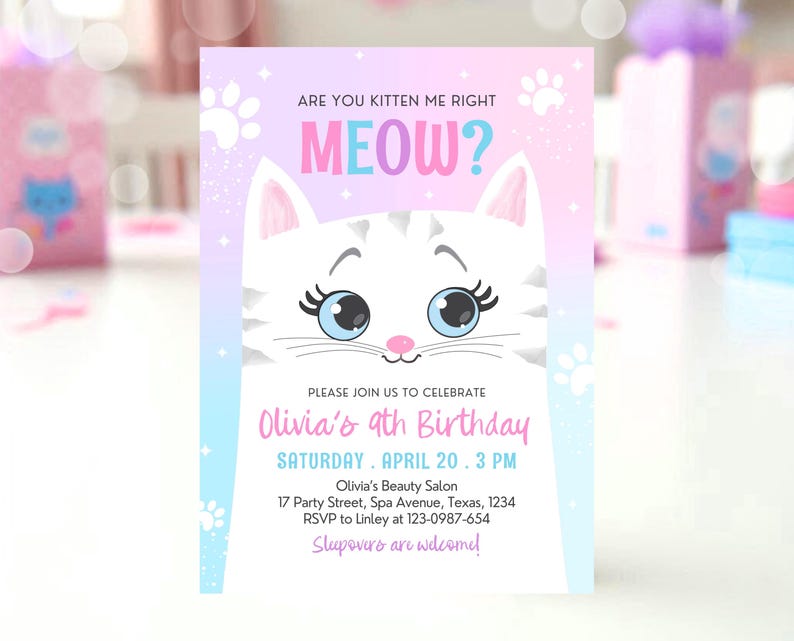 Invitation d'anniversaire modifiable pour chaton Kitty Cat Fête d'anniversaire de chat Inviter chat Are You Kitten Me Pink Kitten Party Girl Téléchargement imprimable, 45 GBP image 1