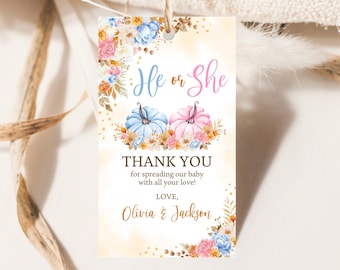 Floral Pumpkin Gender Reveal Favor Tag Thank You Label Editable Fall Favor Autumn Boy Or Girl Baby Shower Printable Pink Blue Download FP01