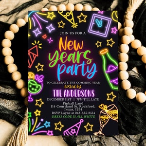 Bearbeitbare Neon Silvester Party-Einladung, Neon Silvester Party-Einladung, druckbare Silvester-Einladung