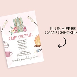 May include: A watercolor illustration of a camping checklist with a green backpack, a pink mug, a compass, a campfire, a flashlight, and marshmallows. The text reads "CAMP CHECKLIST" and lists items like "Light pop-up tent", "Sleeping bag", "Camping pillow", "Headlamp", "Drinking Bottle", "Sun protection", "Towel", "Hygiene bag", "Medication (if needed)", "Your favourite teddy bear", and "remember your hiking shoes". The text "PLUS A FREE CAMP CHECKLIST" is also included.