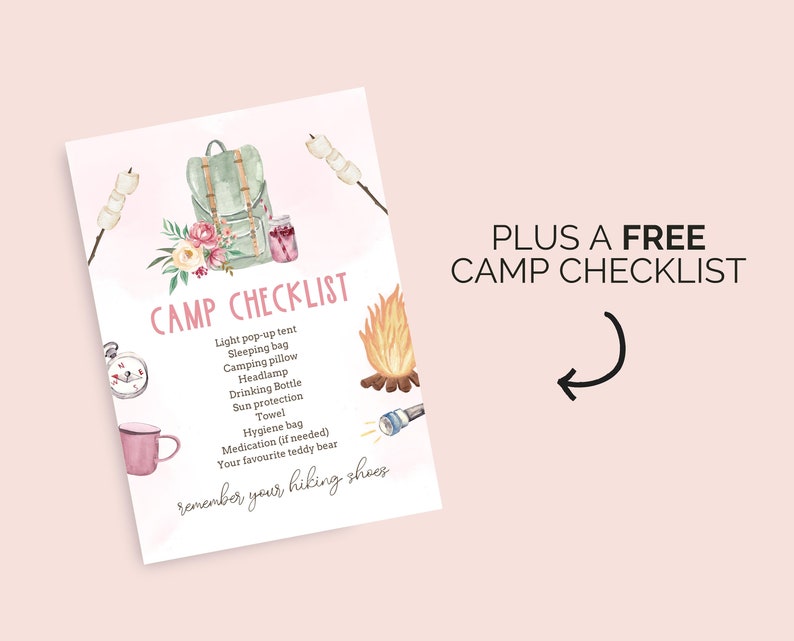 May include: A watercolor illustration of a camping checklist with a green backpack, a pink mug, a compass, a campfire, a flashlight, and marshmallows. The text reads "CAMP CHECKLIST" and lists items like "Light pop-up tent", "Sleeping bag", "Camping pillow", "Headlamp", "Drinking Bottle", "Sun protection", "Towel", "Hygiene bag", "Medication (if needed)", "Your favourite teddy bear", and "remember your hiking shoes". The text "PLUS A FREE CAMP CHECKLIST" is also included.