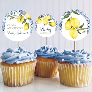 Bewerkbare mediterrane citroen babyshower cupcake toppers, blauwe tegels babyshower, Italië babyshower thema, marine citroen babyshower, MLBS01