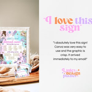 May include: A printable mermaid-themed party game with a pink and blue background. The game asks "What's your mermaid name?" and instructs players to take the first letter of their name and the month they were born to find their mermaid name. The game includes a list of mermaid names and a cute illustration of two mermaids.