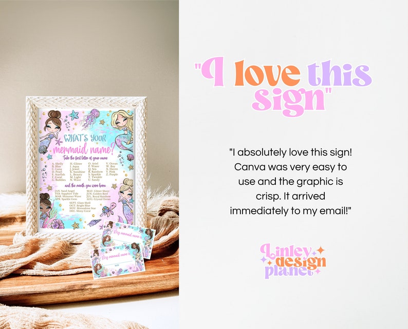 May include: A printable mermaid-themed party game with a pink and blue background. The game asks "What's your mermaid name?" and instructs players to take the first letter of their name and the month they were born to find their mermaid name. The game includes a list of mermaid names and a cute illustration of two mermaids.