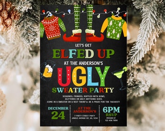 Ugly Sweater Party Invitation Template, Christmas Ugly Sweater Invite, Ugly Sweater Party, Elfed Up Ugly Sweater Party, Instant Download