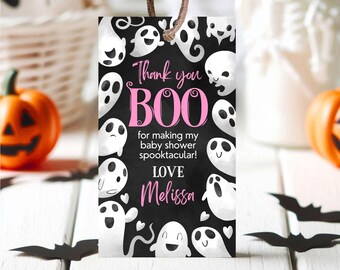Editable Halloween Baby Shower Favor Tag, Pink Girl Halloween Baby Shower Thank You Tag, A Little Boo Is Almost Due Baby Shower, HBSC04