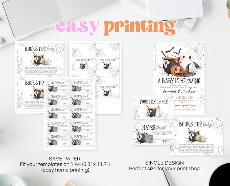 May include: Printable Halloween baby shower invitation with a cauldron, ghost, and bats. The text reads "A Baby is Brewing".