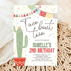 Bearbeitbare Fiesta Taco Bout Zwei Geburtstagseinladung 2.Fiesta Geburtstag Kaktus Mexikanische Tacos Jungen Mädchen Kaktus Download Vorlage zum Ausdrucken
