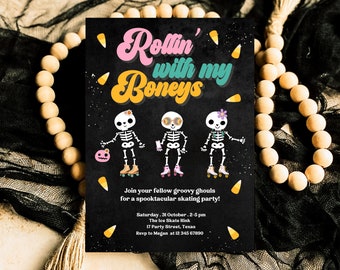 Editable Rollin' With My Boneys Halloween Skating Party Invitation Template, Halloween Skate Party Invitation, Retro Halloween Skate Invite